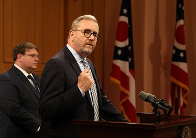 This photo shows Ohio Attorney General Dave Yost speaking at the Statehouse.