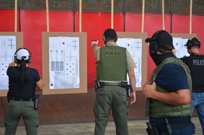 Police officers take a shooting training class at OPOTA.