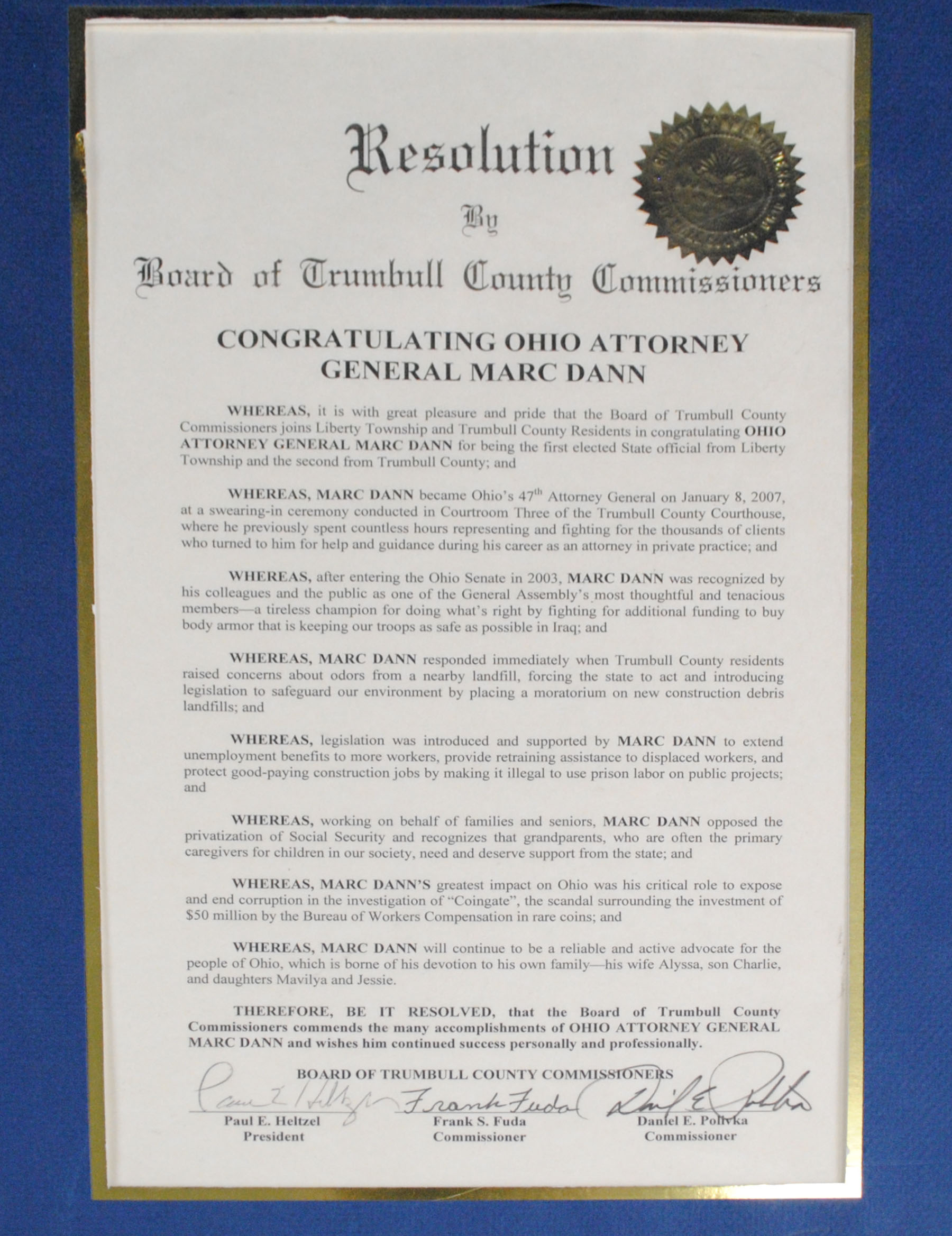 Congratulatory Resolution Presented to Attorney General Marc Dann  