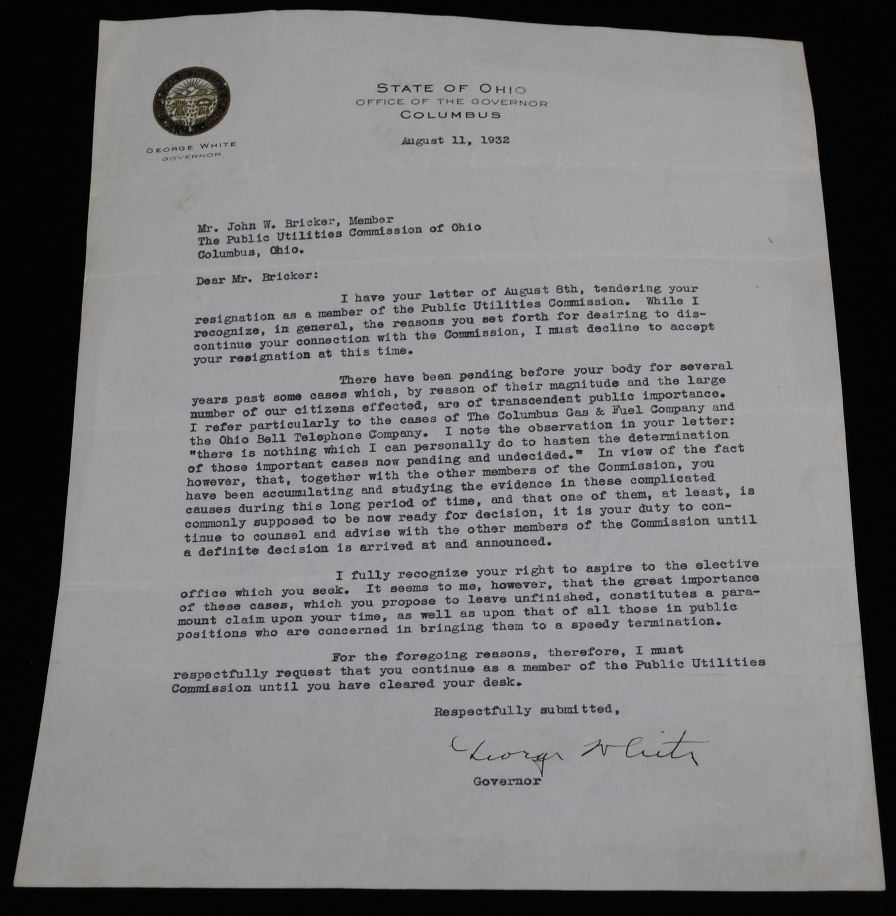 Letter Rejecting John W. Bricker's Resignation from PUCO  